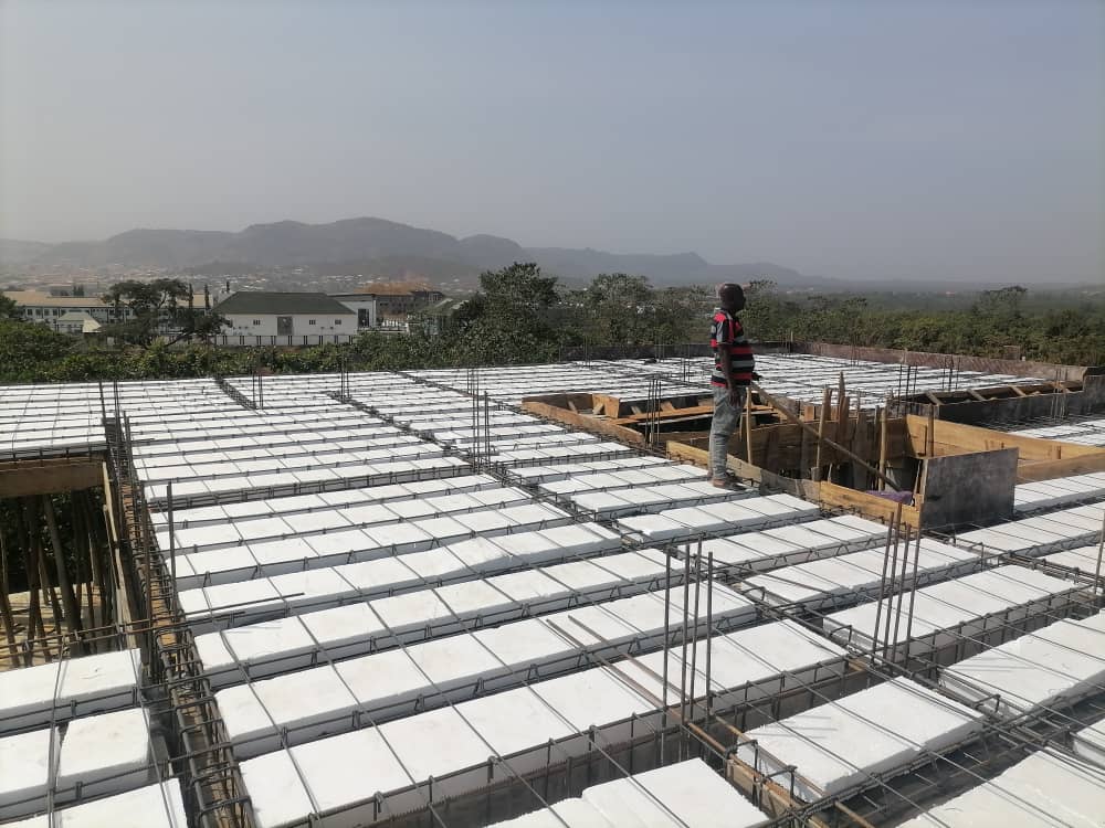 Modern construction site with polystyrene and scaffolding